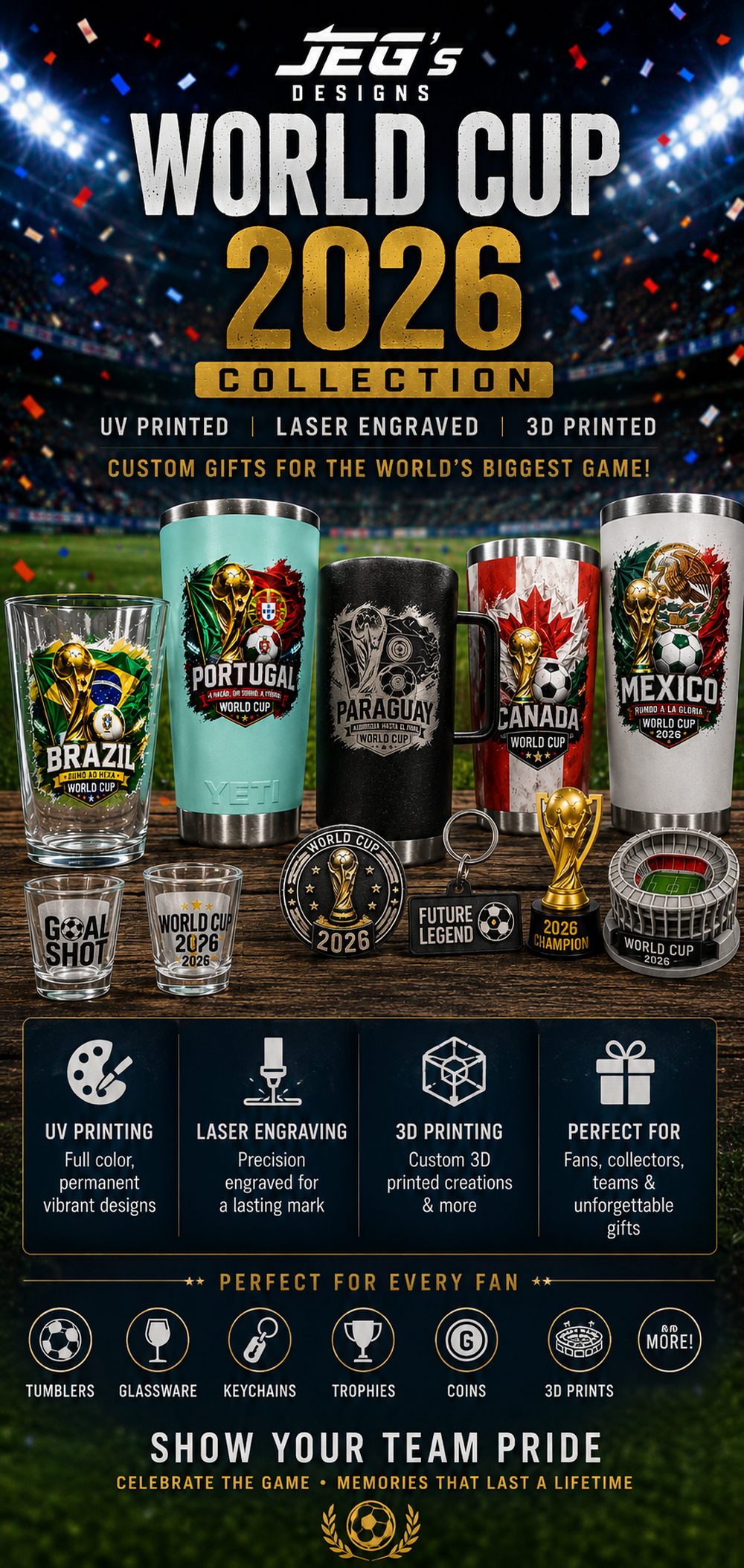 JEG's Designs World Cup 2026 Collection — UV printed team tumblers, laser engraved glassware, 3D printed trophies and stadiums, keychains and coins